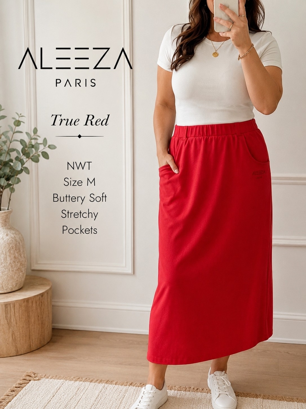NWT Aleeza Paris True Red Midi Skirt Buttery Soft Stretch Pockets Size M